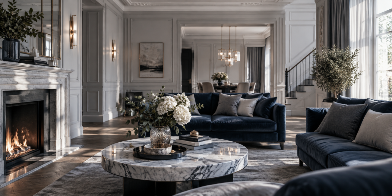 Elegancki salon w stylu modern classic z granatowymi sofami, marmurowym stolikiem, kominkiem i sztukaterią. Kompleksowe wykończenie domu Kraków.