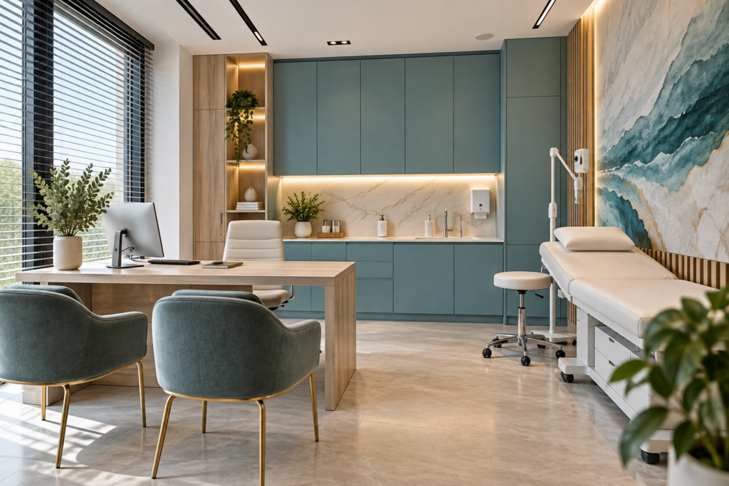 Nowoczesny gabinet lekarski w standardzie premium – eleganckie wnętrze medyczne 