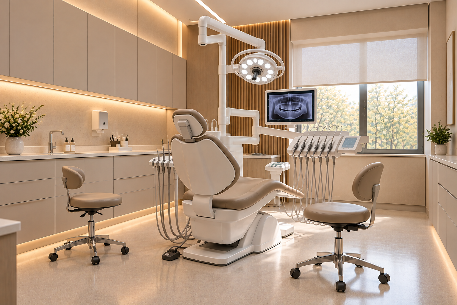 Nowoczesny gabinet stomatologiczny w kolorze taupe – eleganckie wnętrze medyczne premium